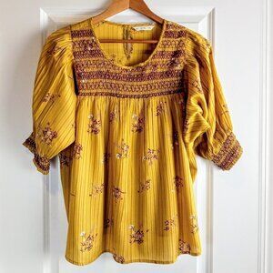 Acos&A Mustard Smocked Floral Tunic Top